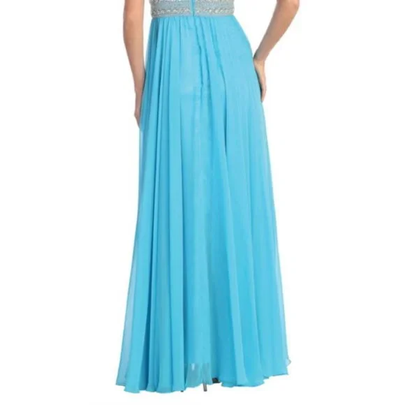 NEW LONG SLEEVELESS A-LINE CHIFFON DRESS EMBROIDERED WITH RHINESTONES GL1015